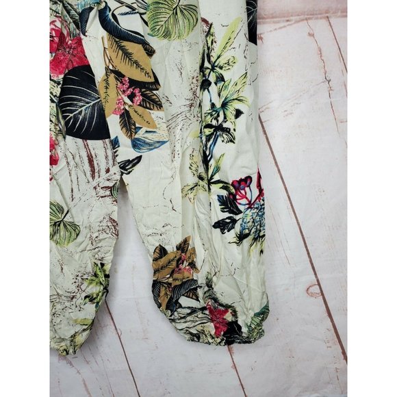 Bai Sheng GT Women's Beige Cream Floral Print Wide Elastic Leg & Waist Pants - Picture 3 of 12